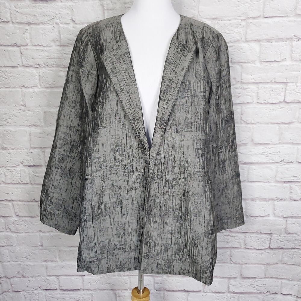 Eileen Fisher Gray Silver Silk Blend Textured Crinkle Jacket Pin Closure XL